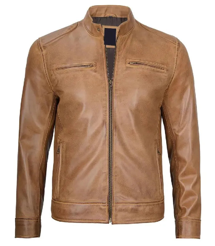 Mens Cafe Racer Camel Brown Leather Jacket