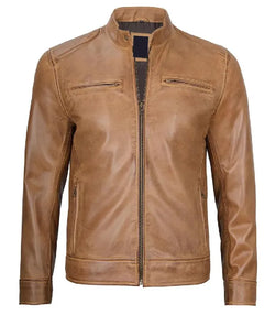 Mens Cafe Racer Camel Brown Leather Jacket View 1