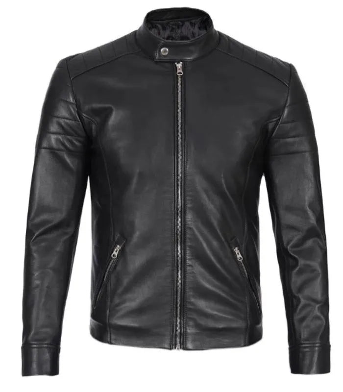 Men Classic Black Leather Cafe Racer Jacket