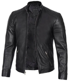 Men Classic Black Leather Cafe Racer Jacket View 4