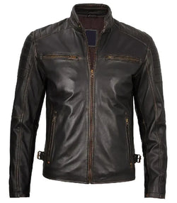 Mens Dark Brown Cafe Racer Leather Jacket View 1