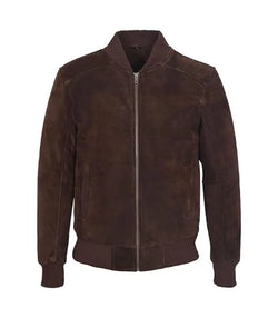 Dark Brown Suede Leather Bomber Jacket View 1