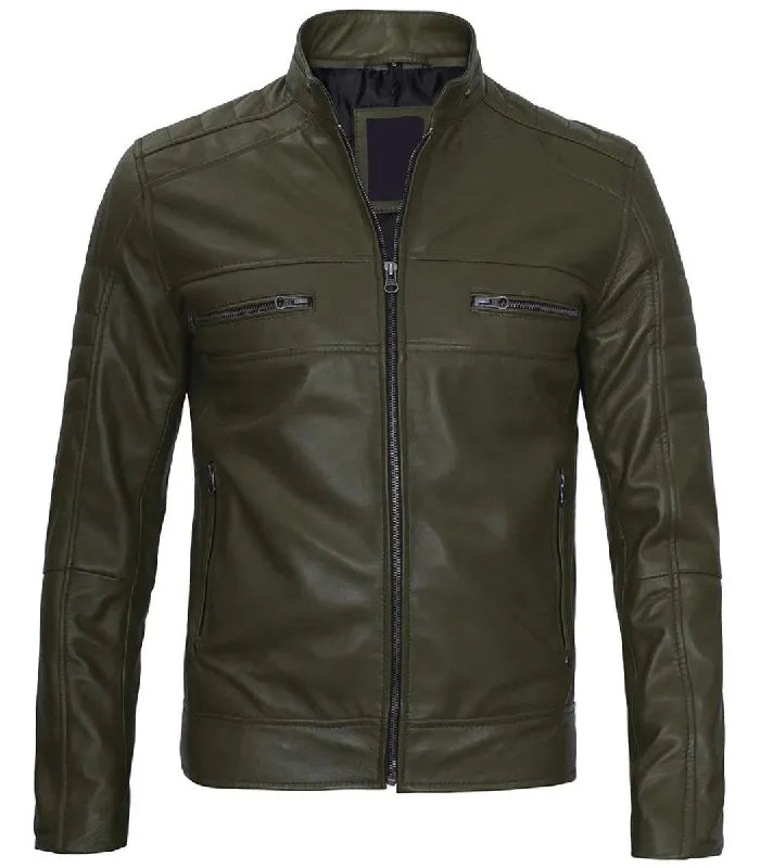 Mens Cafe Racer Green Leather Jacket