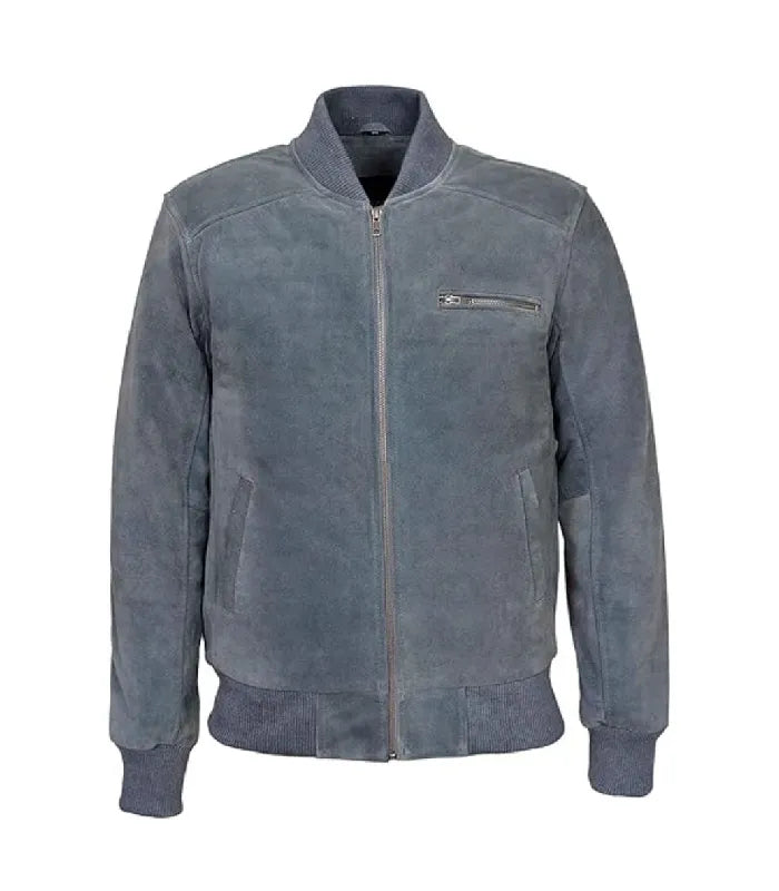 Grey Suede Leather Bomber Jacket