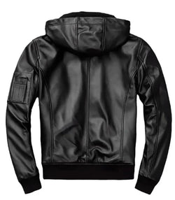 Black Hooded Bomber Leather Jacket View 2