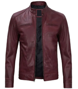 Mens Maroon Cafe Racer Leather Jacket View 2