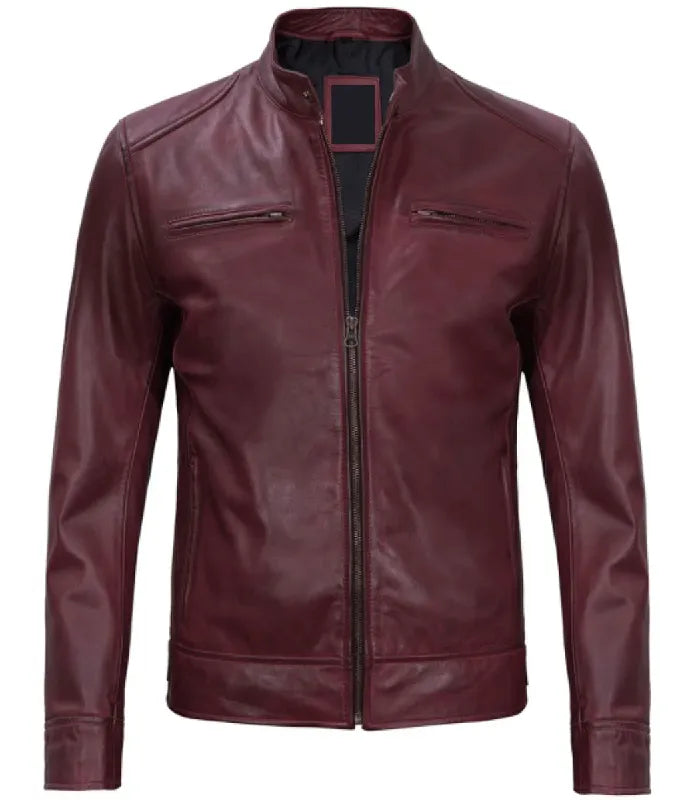 Mens Maroon Cafe Racer Leather Jacket