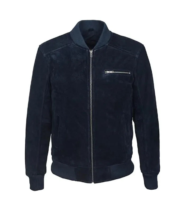 Navy Suede Leather Bomber Jacket