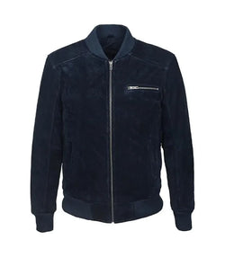 Navy Suede Leather Bomber Jacket View 1