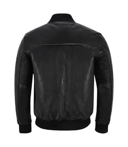 Mens Black Leather Bomber Jacket View 2
