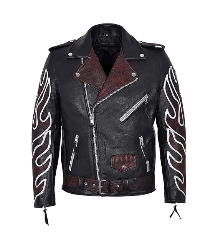 Red Flame Black Leather Biker Jacket