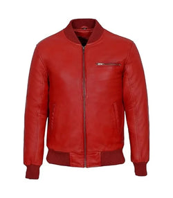 Mens Red Leather Bomber Jacket View 1