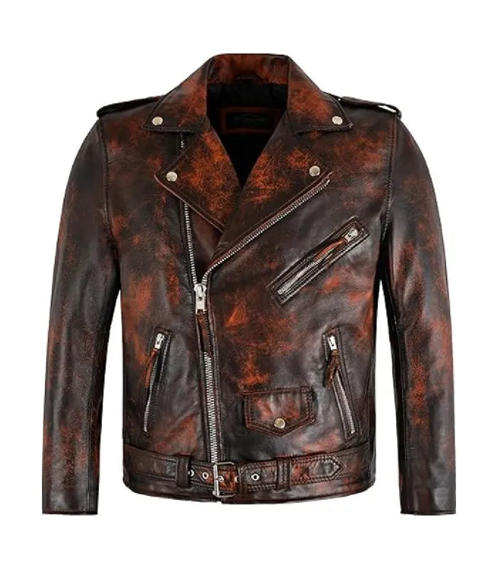 Rust Brown Leather Biker Jacket