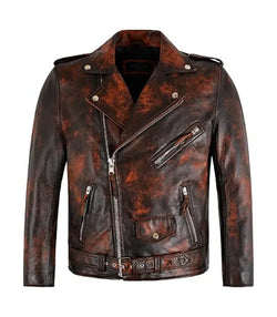 Rust Brown Leather Biker Jacket View 1