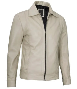 Shirt-Collar Beige Leather Jacket View 3