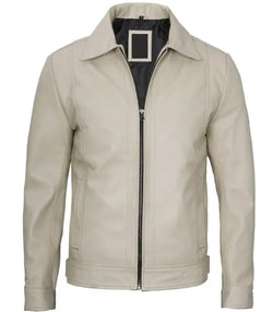 Shirt-Collar Beige Leather Jacket View 2