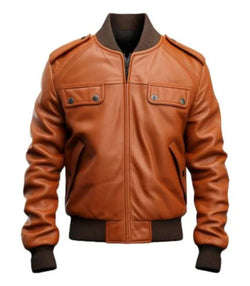 Tan Bomber Leather Jacket View 1