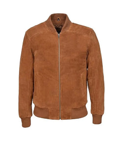 Tan Suede Leather Bomber Jacket View 1
