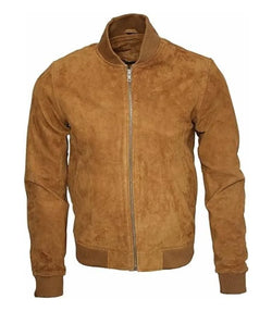 Vintage Tan Suede Leather Bomber Jacket View 1