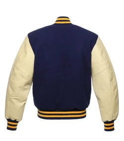 Navy and Cream with Gold Knit Trim Varsity Jacket View 2
