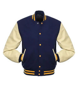 Navy and Cream with Gold Knit Trim Varsity Jacket View 3