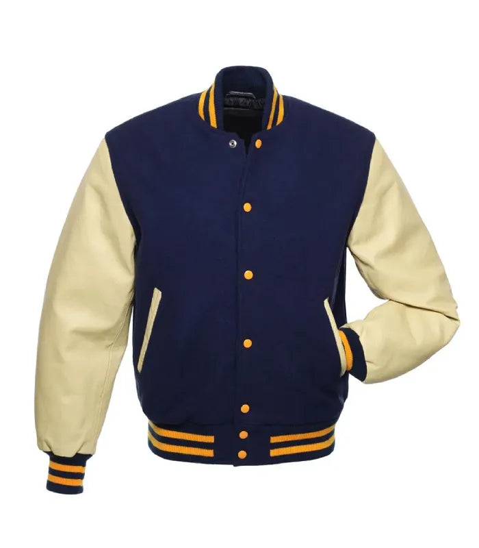 Navy and Cream with Gold Knit Trim Varsity Jacket