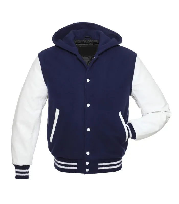 Navy and White Hooded Varsity Jacket