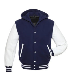Navy and White Hooded Varsity Jacket View 1