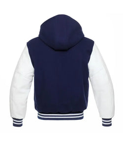 Navy and White Hooded Varsity Jacket View 3