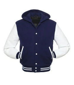 Navy and White Hooded Varsity Jacket View 2