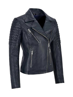 Womens Navy Leather Biker Jacket View 2