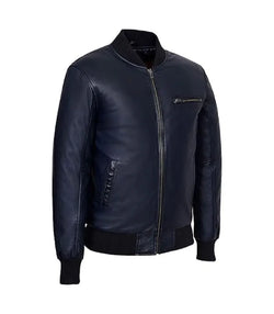 Navy Leather Bomber Jacket View 3