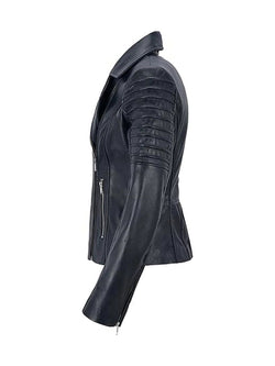 Womens Navy Leather Biker Jacket View 3