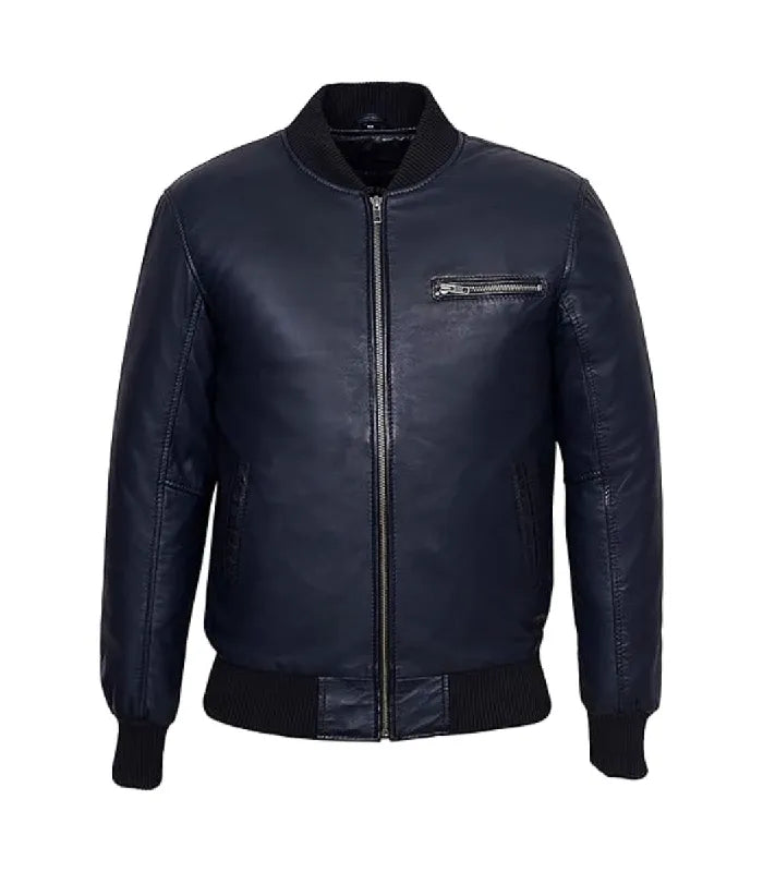 Navy Leather Bomber Jacket