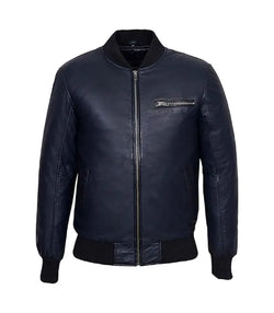 Navy Leather Bomber Jacket View 1