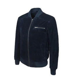 Navy Suede Leather Bomber Jacket View 3