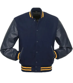Gold Knit Trim Navy Varsity Jacket View 3