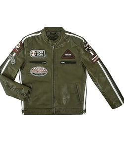 Olive Classic Motorcycle Leather Jacket View 3
