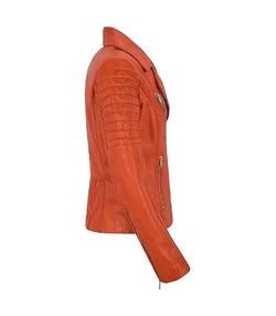 Orange Leather Biker Jacket View 4