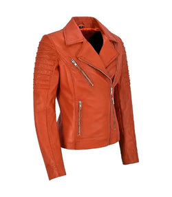 Orange Leather Biker Jacket View 2