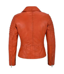 Orange Leather Biker Jacket View 3