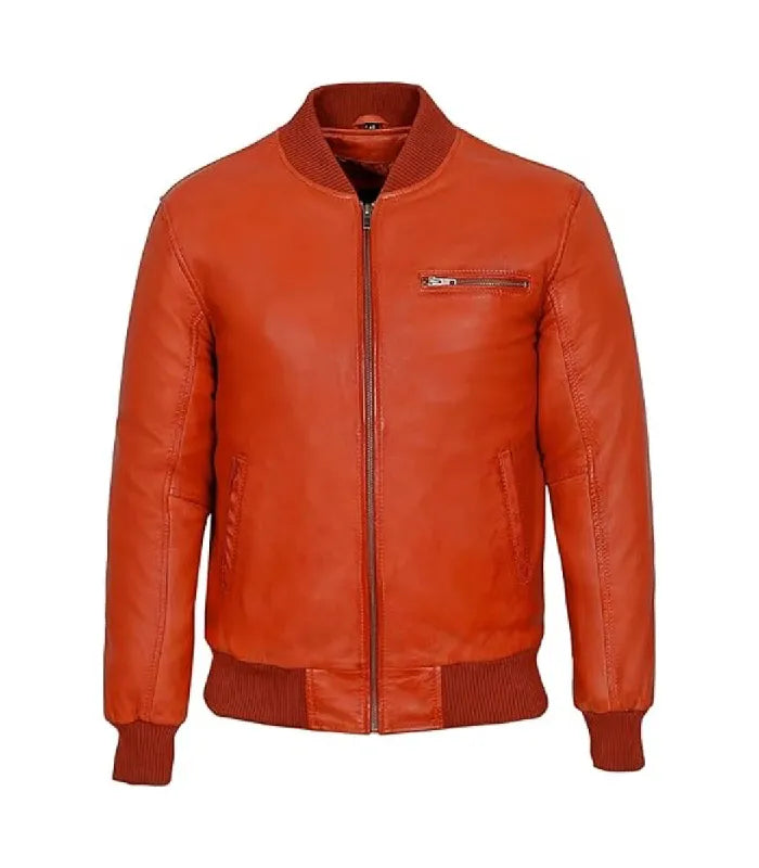 Orange Leather Bomber Jacket