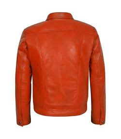 Orange Leather Trucker Jacket View 2