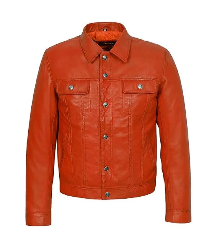 Orange Leather Trucker Jacket