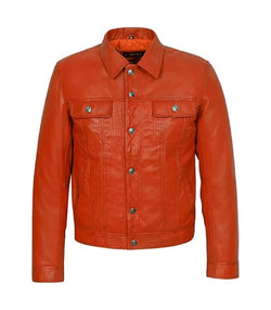 Orange Leather Trucker Jacket View 1