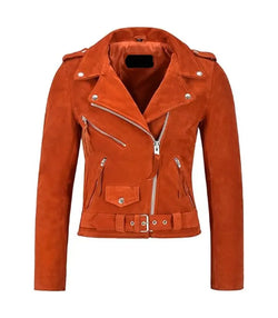 Orange Suede Leather Biker Jacket View 1