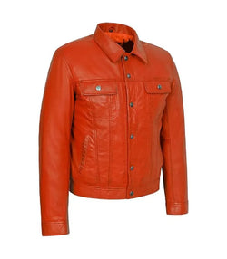 Orange Leather Trucker Jacket View 3