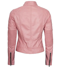 Women Cafe Racer Pink Leather Jacket View 4