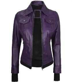 Plum Purple Hooded Leather Bomber Jacket View 5
