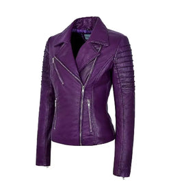 Womens Purple Leather Biker Jacket View 3